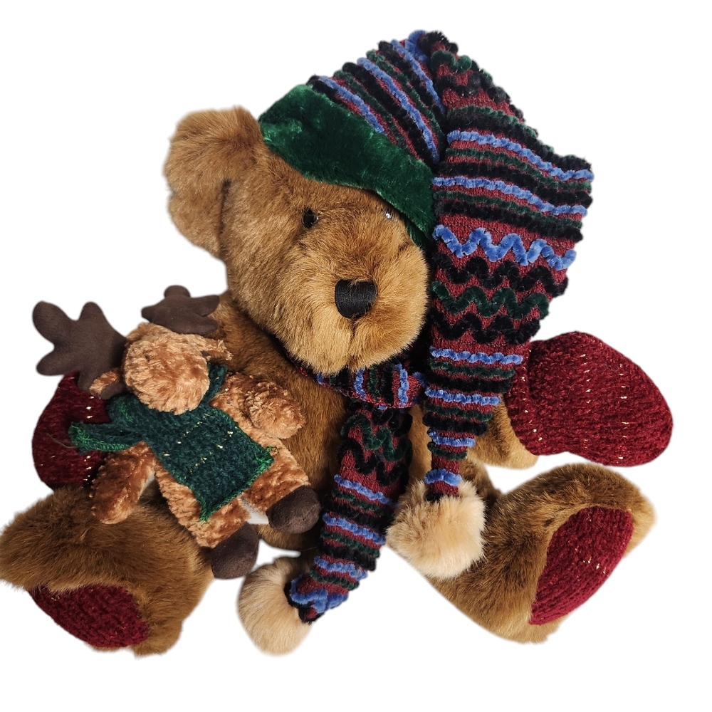 Vintage Winter Dan Dee Christmas Bear Stocking Hat Mittens and Scarf With Moose
